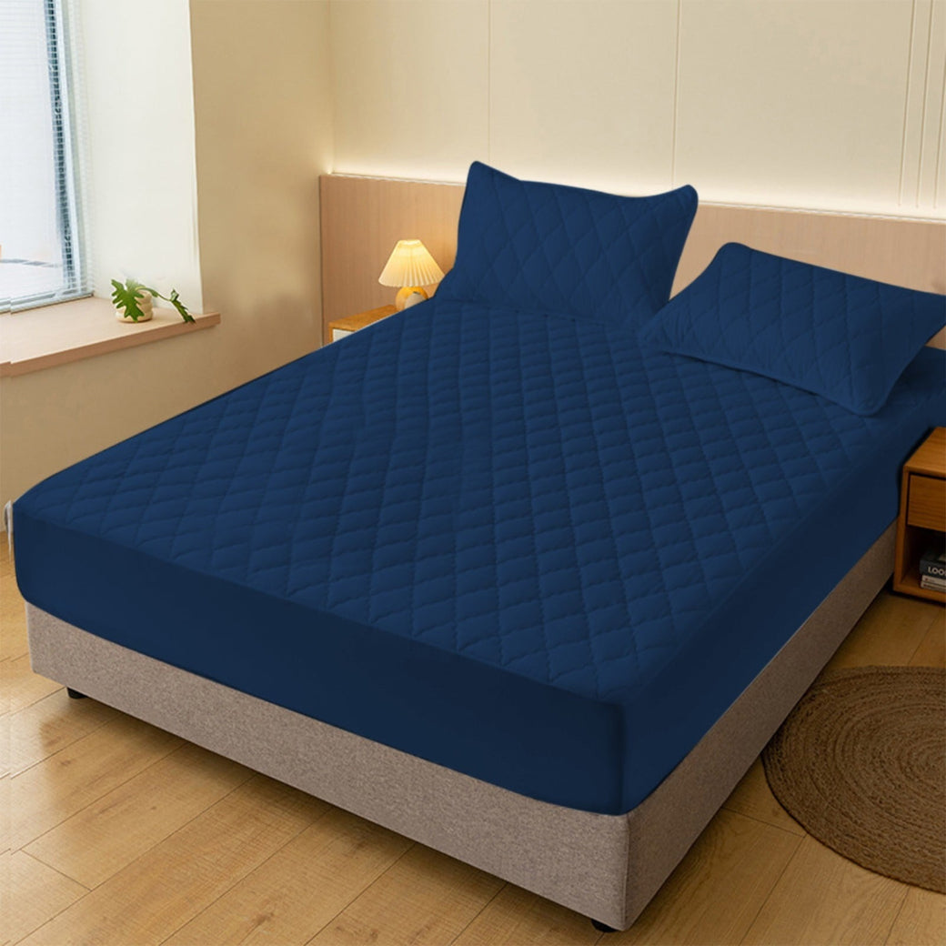 Deep Pocket Quilted Mattress Cover – Soft Non Slip Fitted Protector with Elastic Skirt, Navy Blue