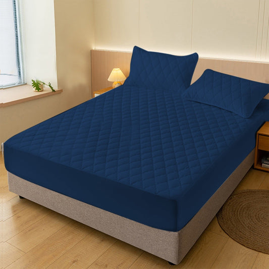 Deep Pocket Quilted Mattress Cover – Soft Non Slip Fitted Protector with Elastic Skirt, Navy Blue